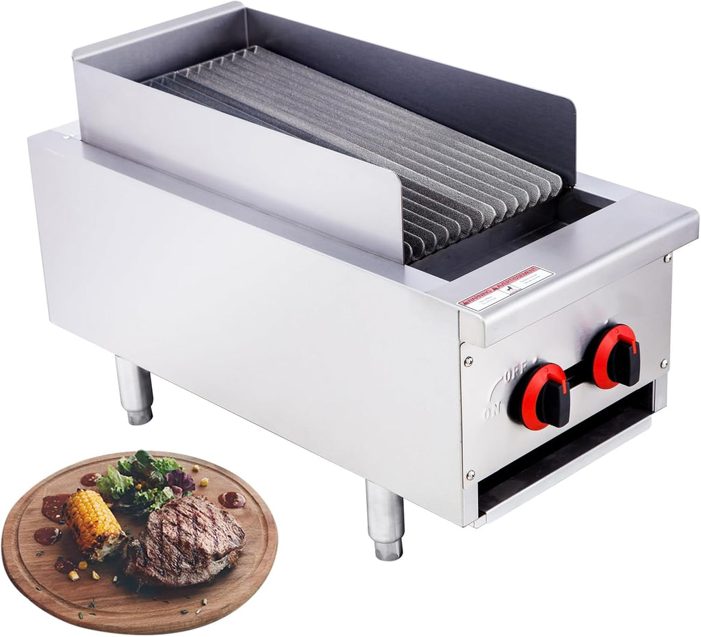 Commercial Gas Charbroiler, 14' 2-Burner 40,000 BTU Countertop Gas Grill, Heavy-Duty Stainless Steel, ETL Certified for Restaurant Kitchen, Food Truck, Cafeteria