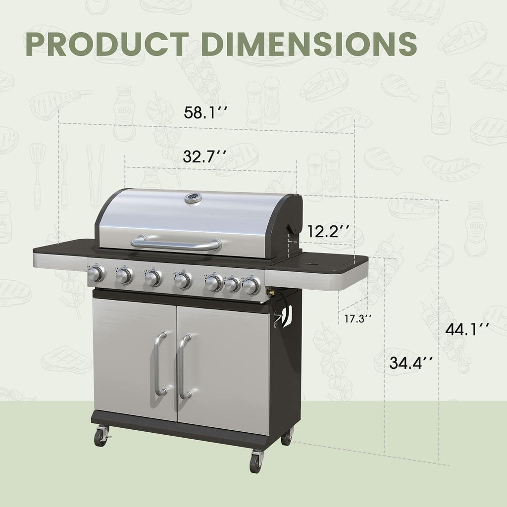 6 Burners Propane Gas Grill with Side Burner, Stainless Steel BBQ Grill with Porcelain-Enameled Cast Iron Grates, 65,500 BTU Outdoor Patio Barbeque Grill for Party, Camping, Backyard