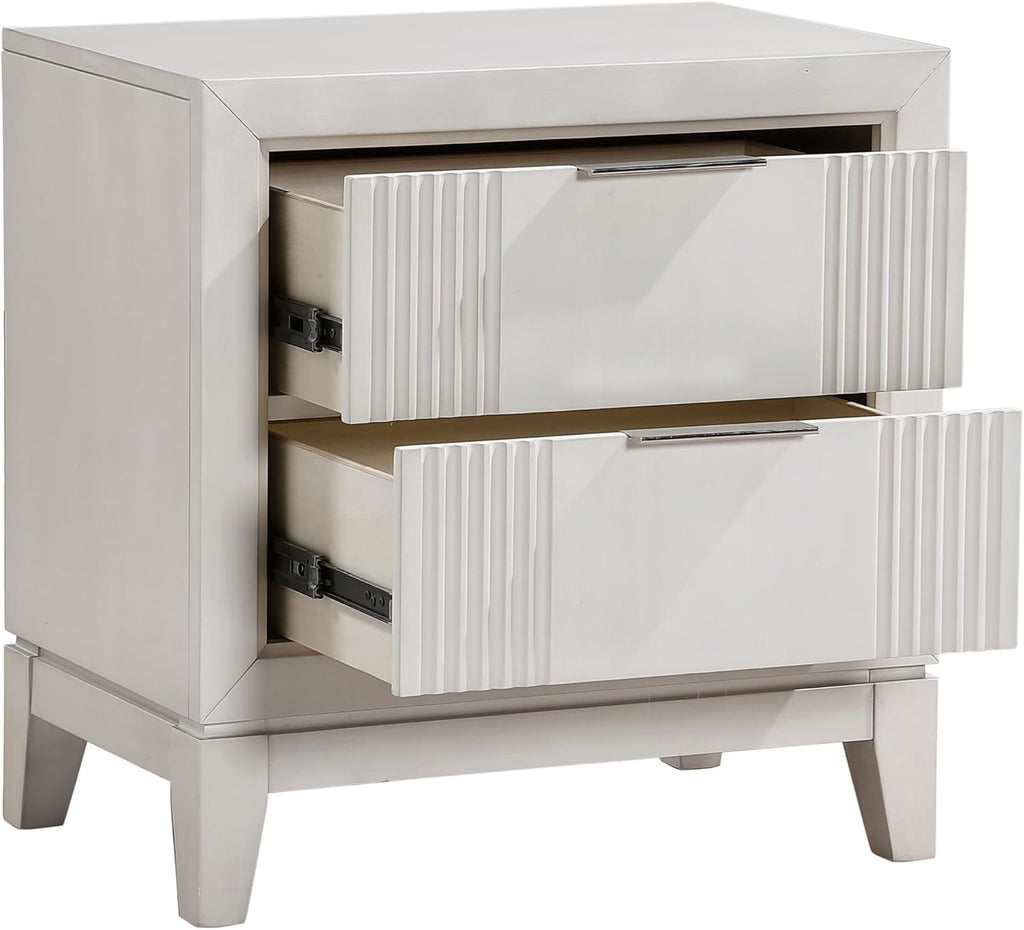 Modern Antique White Finish Bedroom Set 5 Piece Queen Size Bed with LED Light Wooden Furniture