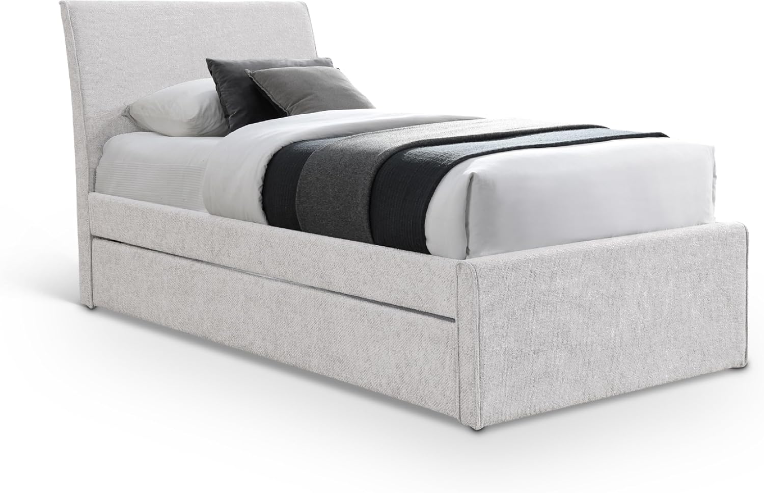 Meridian Furniture B1262Cream-T Myles Collection Modern | Contemporary Twin Trundle Bed with Soft Cream Chenille Cross Hatched Fabric, 41.5' W x 85' D x 44.5' H, Cream, Twin
