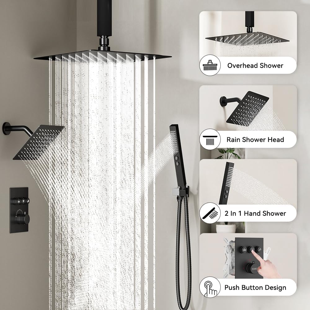 Thermostatic Shower System Matte Black Push Button Shower Faucet Set,12' Ceiling Rainfall and 6' Wall Mount Rain Shower with 2 in 1 Handhled, Can Use All at Once, Shower Set with Valve and Trim Kit