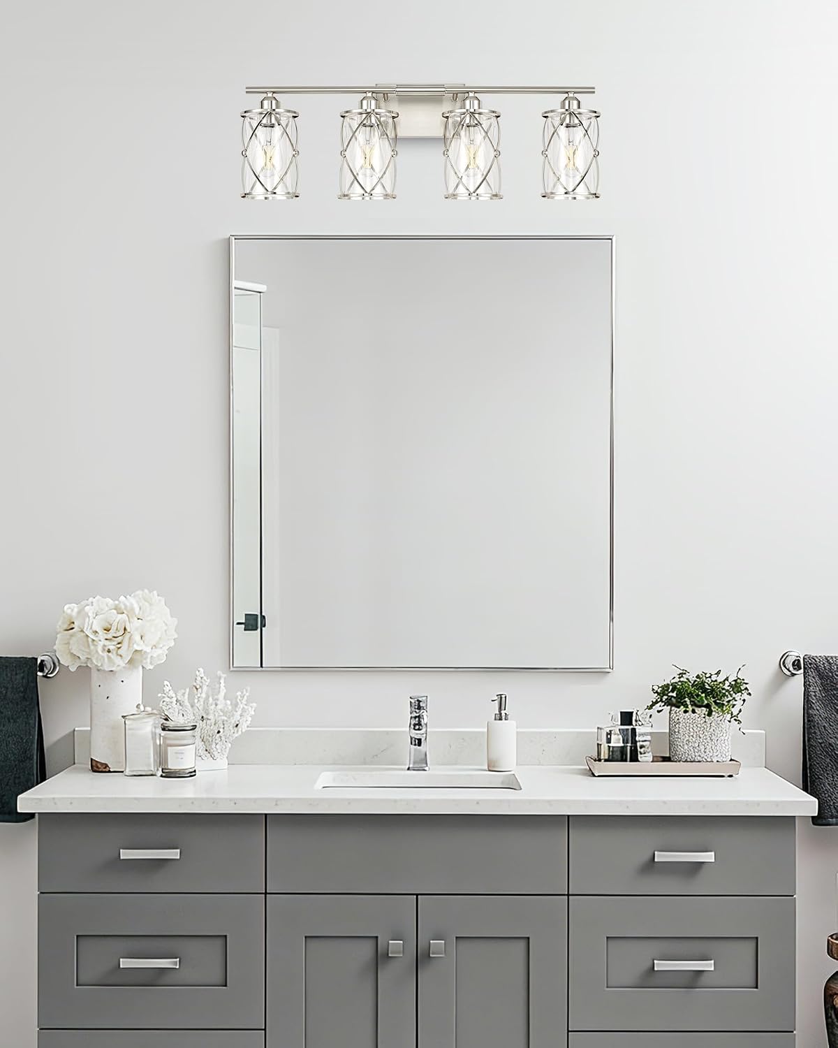4-Light Brushed Nickel Bathroom Light Fixtures, 29 Inch Modern Bathroom Vanity Lighting Fixtures Over Mirror with Clear Glass and Metal Cage Wall Sconce Lights for Bath, E26, CH9176BN-4W