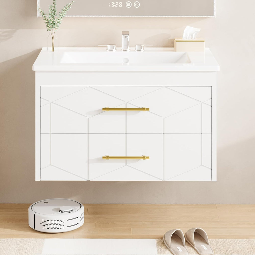 Garvee 24' Bathroom Vanity with Sink, Floating Bathroom Vanity with Ceramic Basin, 2 Large Storage Drawers with Gold Metal Handle, Modern Wall Mounted Bathroom Cabinet with Sink, White