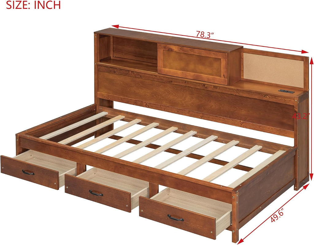 Wooden Daybed with 3 Storage Drawers, Upper Soft Board, Shelf, and a Set of Sockets and USB Ports, Multi-Functional Bed Frame for Bedroom, Twin Size, Walnut