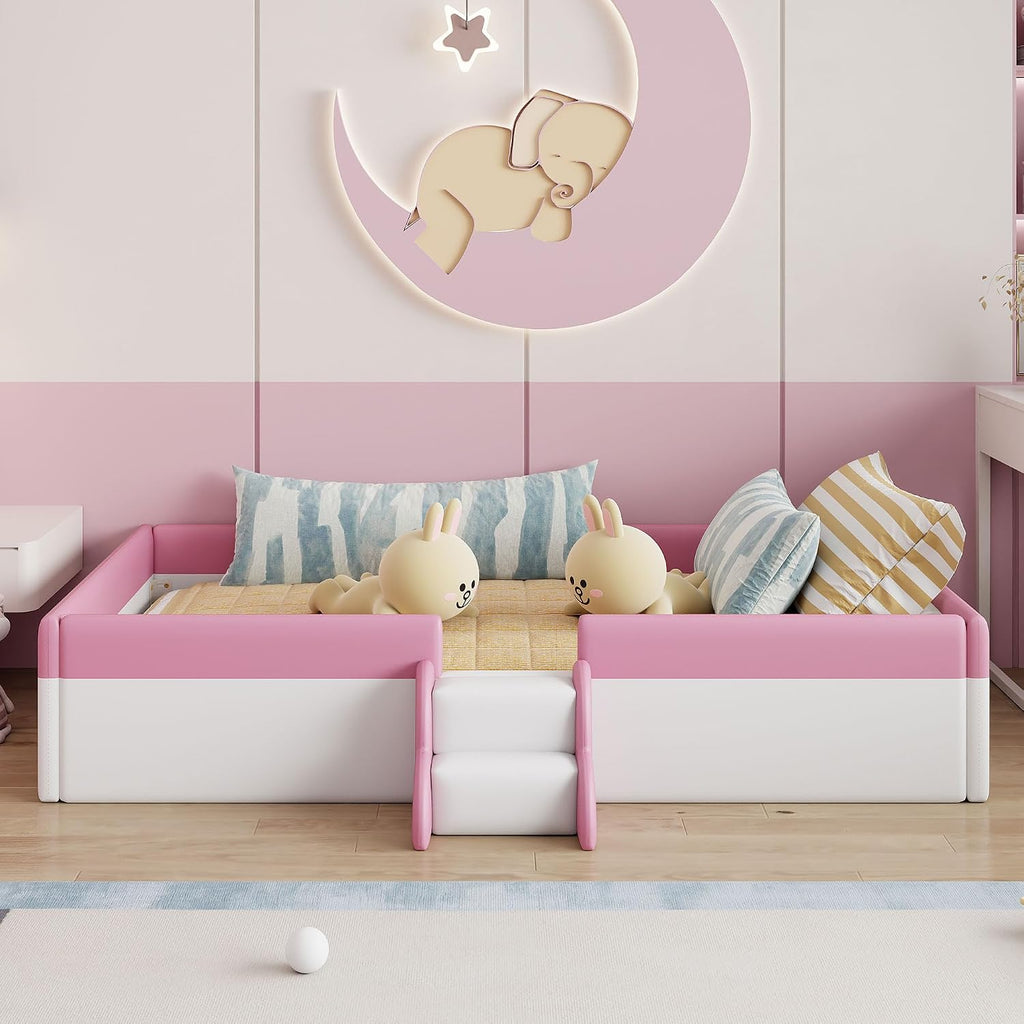 VilroCaz Full Size Upholstered Daybed Frame with Fence and Stairs, Montessori Kids Floor Bed with Sturdy Slat Support for Kids Boys Girls