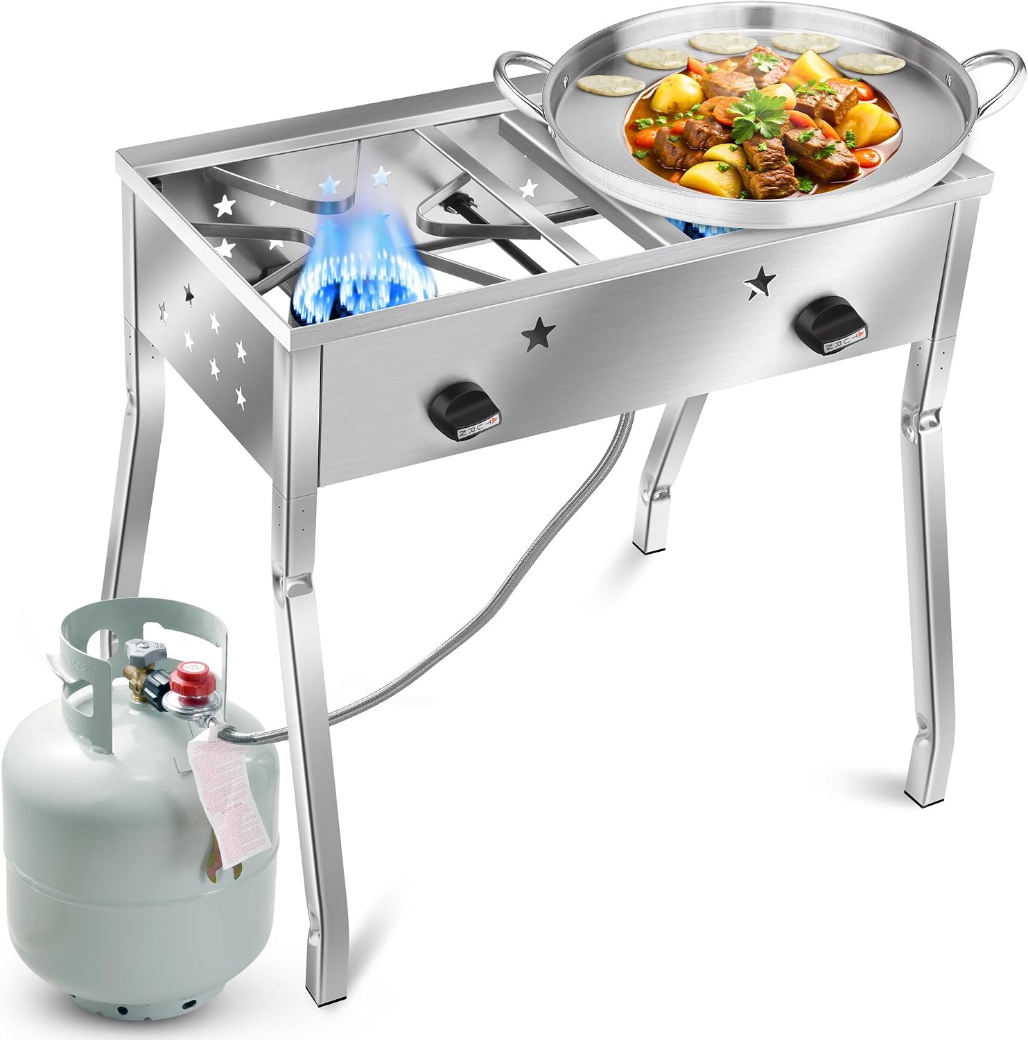 ARC 150,000 BTU Double Burner Stove With 23' Discada Comal Set | Outdoor Camping Cookware for Tacos, Tortillas | Stainless Steel Griddle & Propane Stove Combo