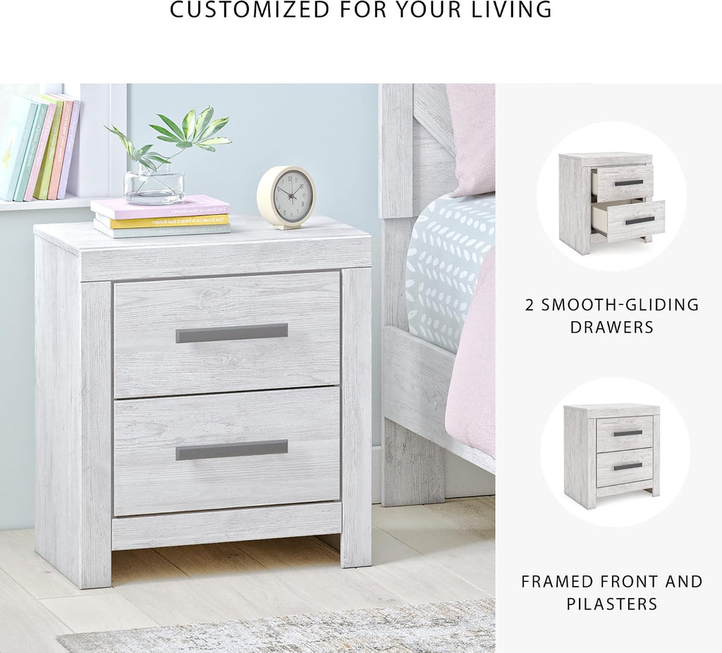 Signature Design by Ashley Cayboni Casual Nightstand with Framed Front and Pilasters, 2 Storage Drawers, Large Black Handles, Wood, 24.37' High, White