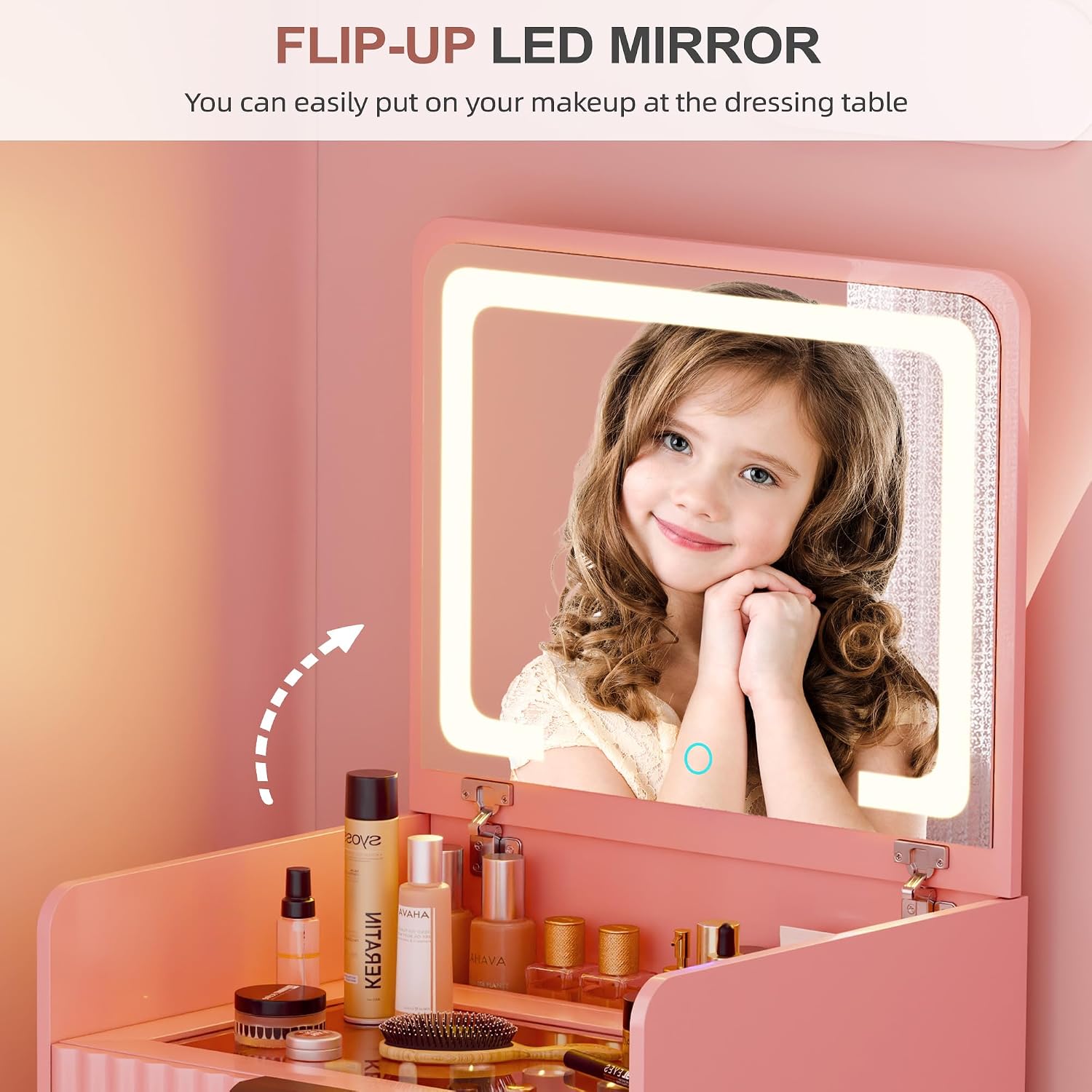 Lvifur 3 in 1 Small Vanity Desk with Plip Top Mirror,Makeup Vanity Set with Visible Glass Desktop,Compact Vanity with 3 Drawers,Storage Compartment and Padded Stool,Dressing Table for Bedroom,Pink