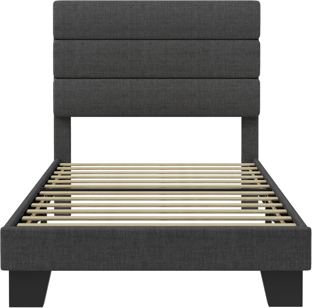 SHA CERLIN Twin Platform Bed Frame with Upholstered Fabric Headboard, Mattress Foundation with Strong Wooden Slats Support, No Box Spring Needed, Grey
