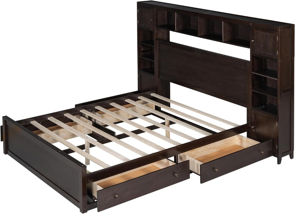 MERITLINE Queen Platform Bed with Storage Headboard,Drawers and Charging Station,Solid Wood Queen Bed Frame with Storage Cabinet and Shelves for Adults (Espresso)