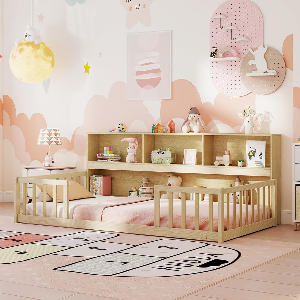 Giantex Twin Floor Bed for Kids, Wooden Montessori Bed Frame with Bookcase, Storage Shelves & Safety Fence Rails, Floor Beds Twin for Girls, Boys, No Box Spring Needed, Without Slats, Natural