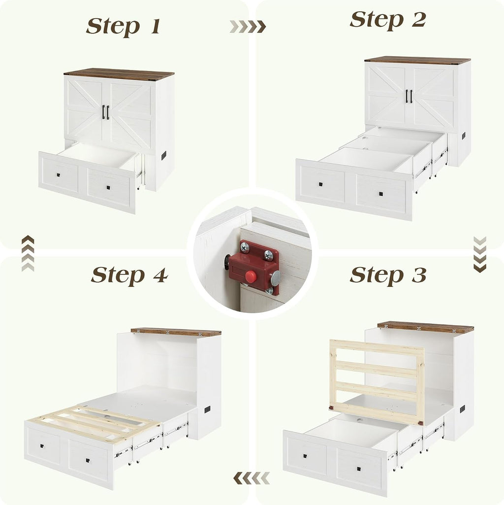 LUXOAK Twin Murphy Bed with Built-in Charging Station and Storage Drawer, Farmhouse Foldable Cabinet Bed for Guest Room, Apartment or Home Office, White