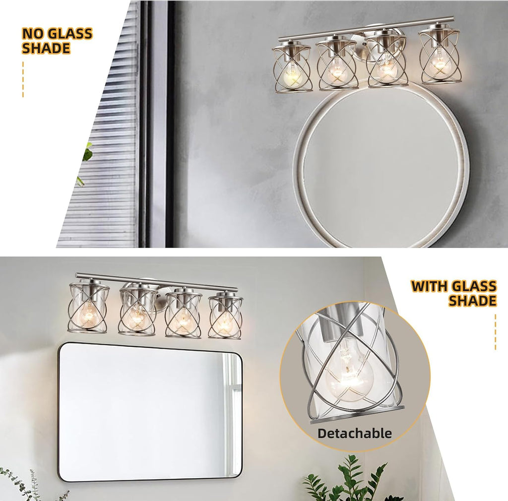 mavcadonf Bathroom Vanity Light Fixtures Over Mirror, 4 Lights Modern Bathroom Wall Lamp for Mirror Kitchen Living Room Hallway Cabinet Porch, Farmhouse Wall Lights with Cage Shade, Brushed Nickel