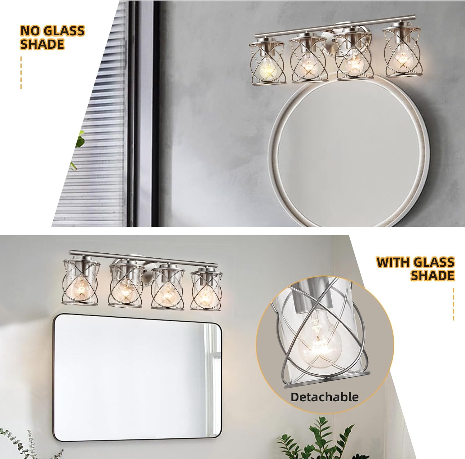 mavcadonf Bathroom Vanity Light Fixtures Over Mirror, 4 Lights Modern Bathroom Wall Lamp for Mirror Kitchen Living Room Hallway Cabinet Porch, Farmhouse Wall Lights with Cage Shade, Brushed Nickel