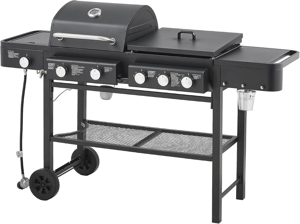 Black 5 Burner Propane Gas BBQ Griddle Grill Combo with Side Burner, 56000 BTU Output Stainless Steel Barbecue Grill with Storage and Side Tables for Outdoor Cooking Patio Backyard (2+3+1)
