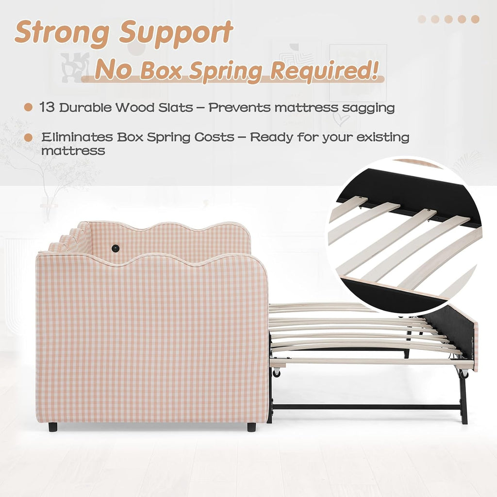 Twin to King Daybed with Trundle, USB Ports Soft Upholstered Daybed with Pop Up Trundle Bed Twin , Modern Extendable Day Bed Frame for Girls Bedroom Living Room Guest Room Small Places Apricot Pink