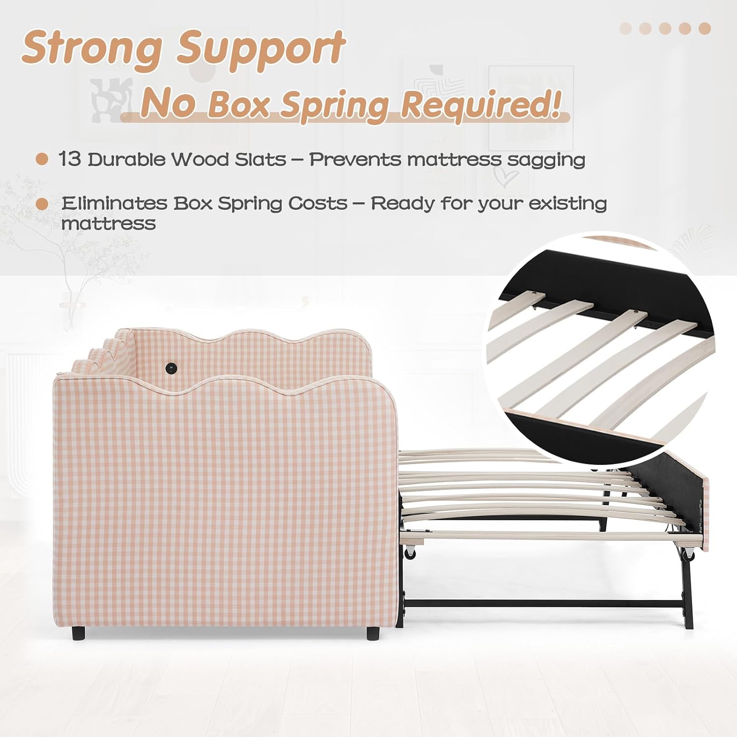 Twin to King Daybed with Trundle, USB Ports Soft Upholstered Daybed with Pop Up Trundle Bed Twin , Modern Extendable Day Bed Frame for Girls Bedroom Living Room Guest Room Small Places Apricot Pink