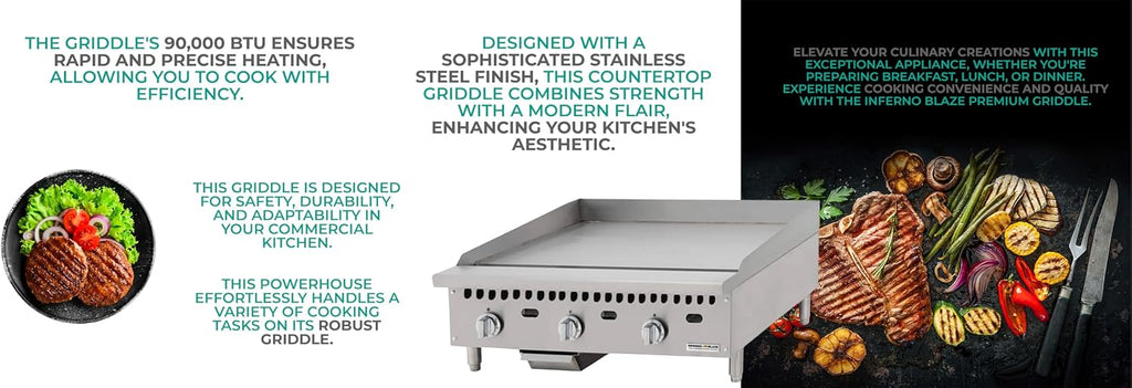 Inferno Blaze Premium IBP-CTG-36 36' Gas Countertop Griddle with Manual Controls 90,000 BTU, Silver - ETL Certified, Stainless Steel Flat Top Griddle - Perfect for Commercial Kitchens