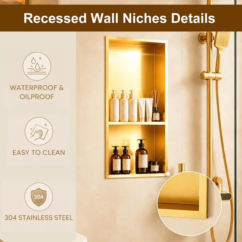 SaniteModar Shower Niche, Stainless Steel Shower Niche No Tile Needed, Recessed for Bathroom Storage (Brushed Gold, 12' x 24' D)