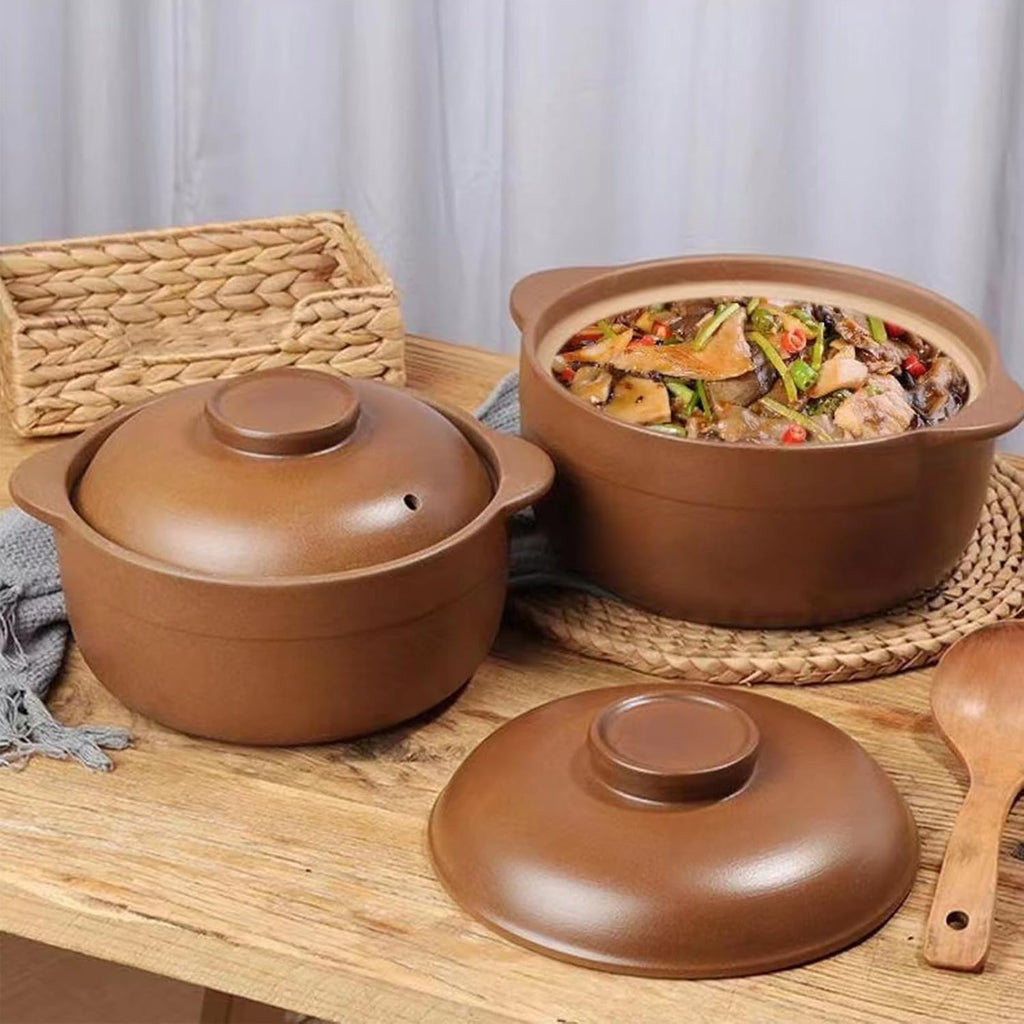 Clay Cooking Pot with Lid and Dual Handles - Round Ceramic Casserole for Soup and Stews, Uniform Heating Household Braiser Pan-Brown-0.3L/0.317Quart