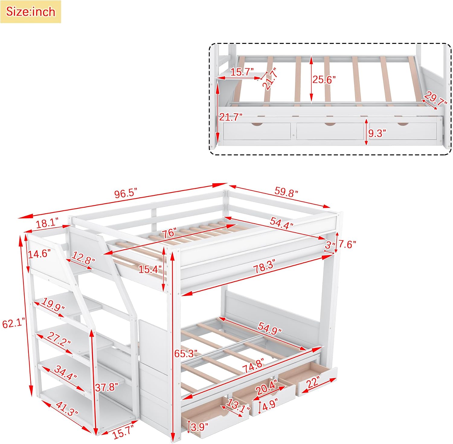 Harper & Bright Designs Full Over Full Bunk Bed with Storage Staircase and Bedside Table for 2, Wood Bunk Bed Frame with Drawers for Saving Space, White
