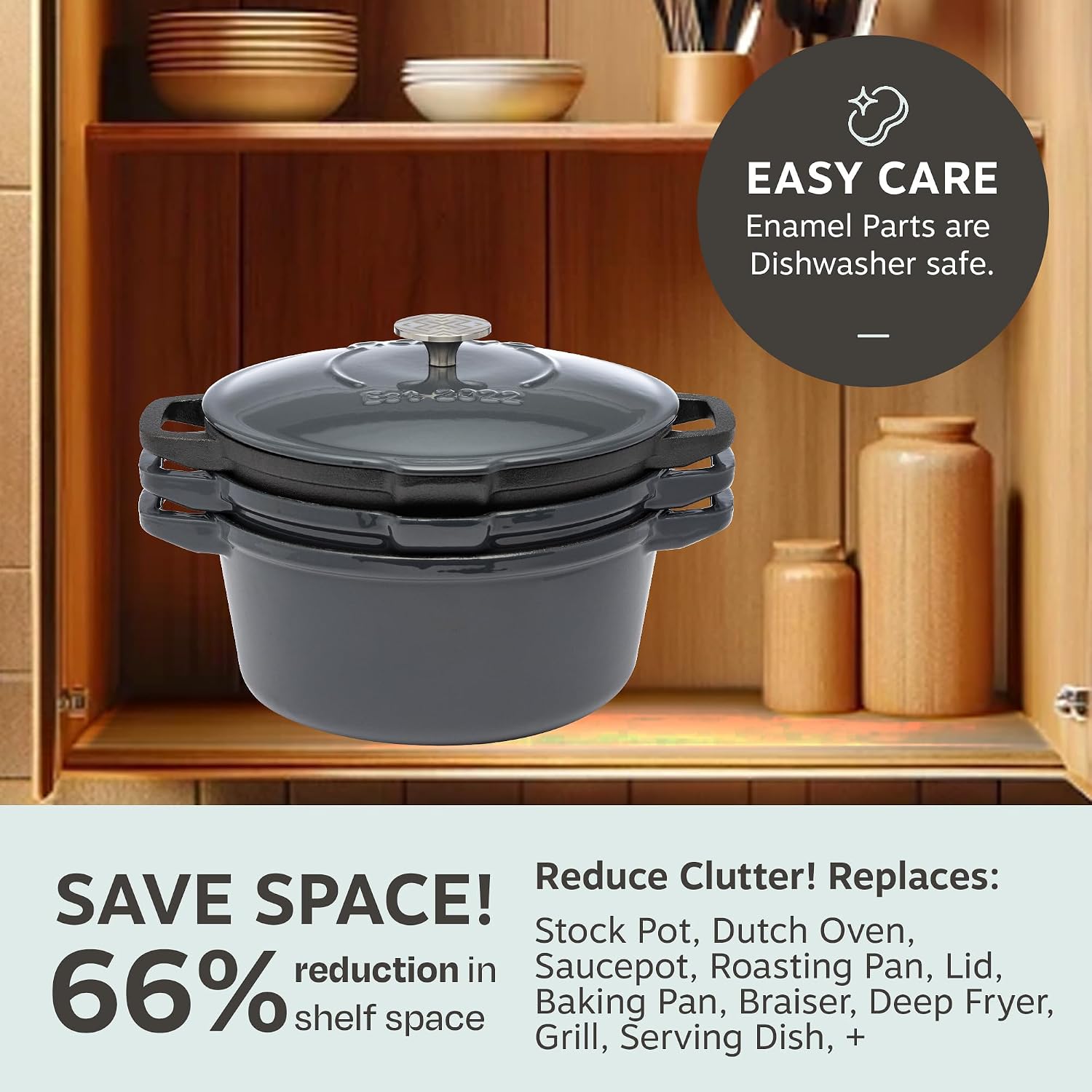 NATIVO 5 pc Stackable Cast Iron Cookware Set, Versatile Enamel Dutch Oven, Seasoned Grill Pan & Enamel Braiser with Precision Pour Spouts, Universal Lid, Included Spacers/Handle Holders, Stormy Grey