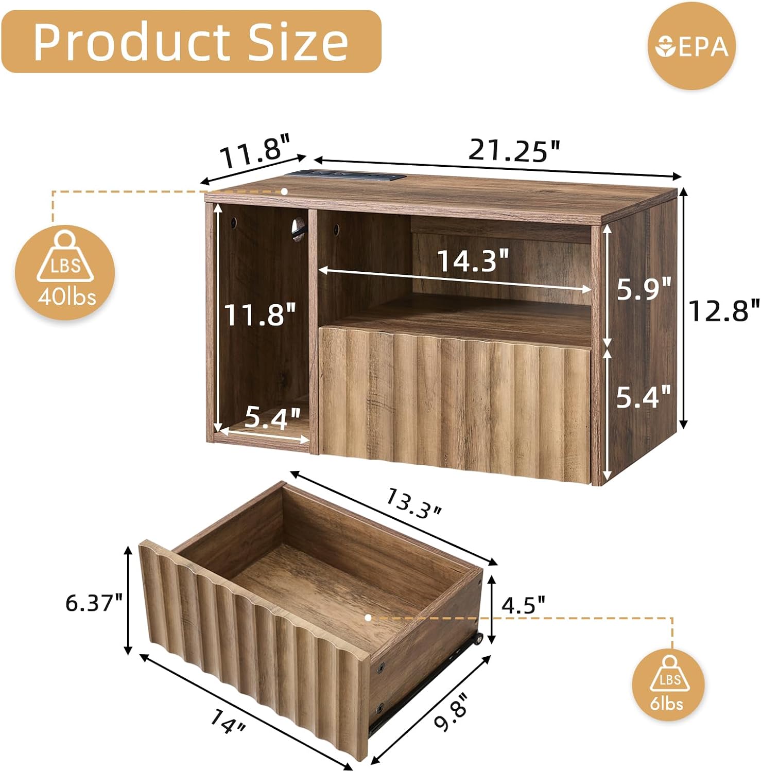 BuildHom Floating Nightstand with Charging Station - Modern Rustic Brown Fluted Bedside Table with Drawer, USB Ports & Outlets (Set of 2)