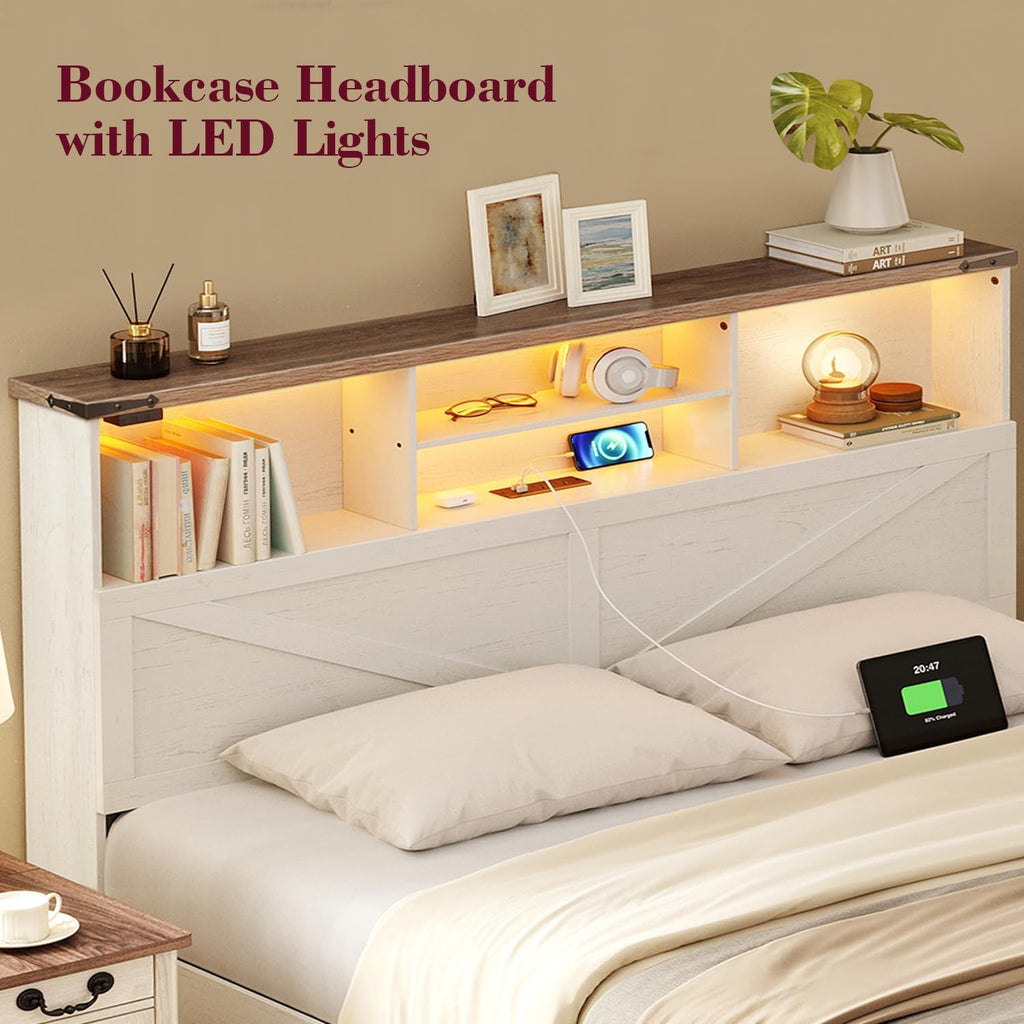 ROCHECASA Twin Bed Frame with Bookshelf, Bookcase High Headboard with Charging Station and LED Light, Farmhouse Bed with Storage Drawers, No Box Spring Needed, Noise Free, Easy Assembly, Antique White