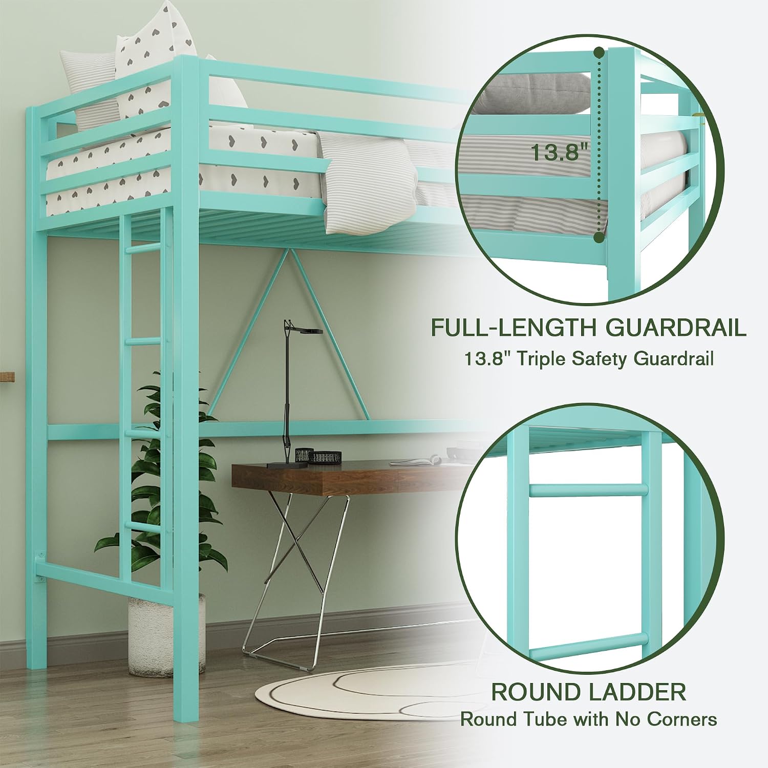MUTICOR Twin Loft Bed Frame for Juniors and Adults with Safety Guardrail and Ladder,Metal Slats Support, Small Space Saving Furniture for Bedroom Kids Room and Dorm,Aqua Green