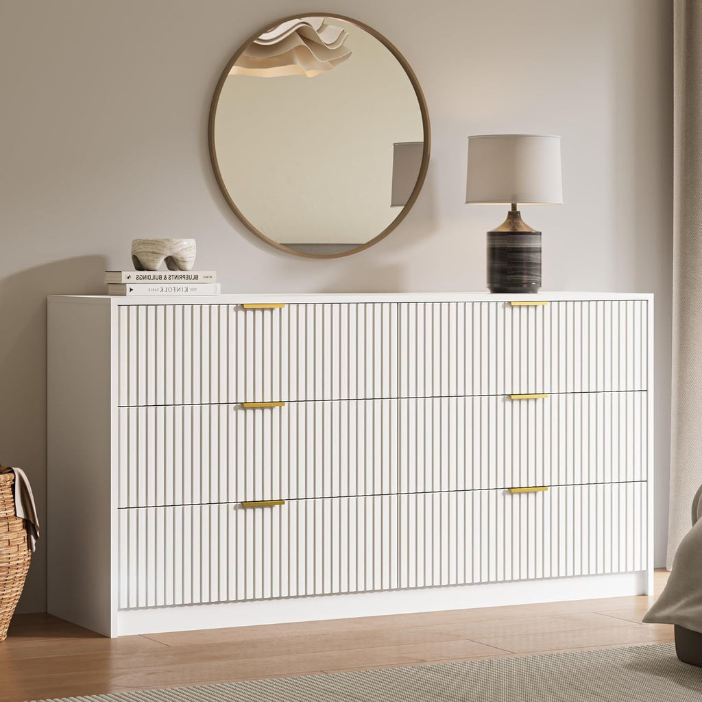 MAISONARIA 3-Piece Dresser Bedroom Set, 6 Drawer Dresser & 3 Drawer Nightstands with Gold Handles, Fluted Wood Chest of Drawers for Bedroom, Living Room, Entryway, White
