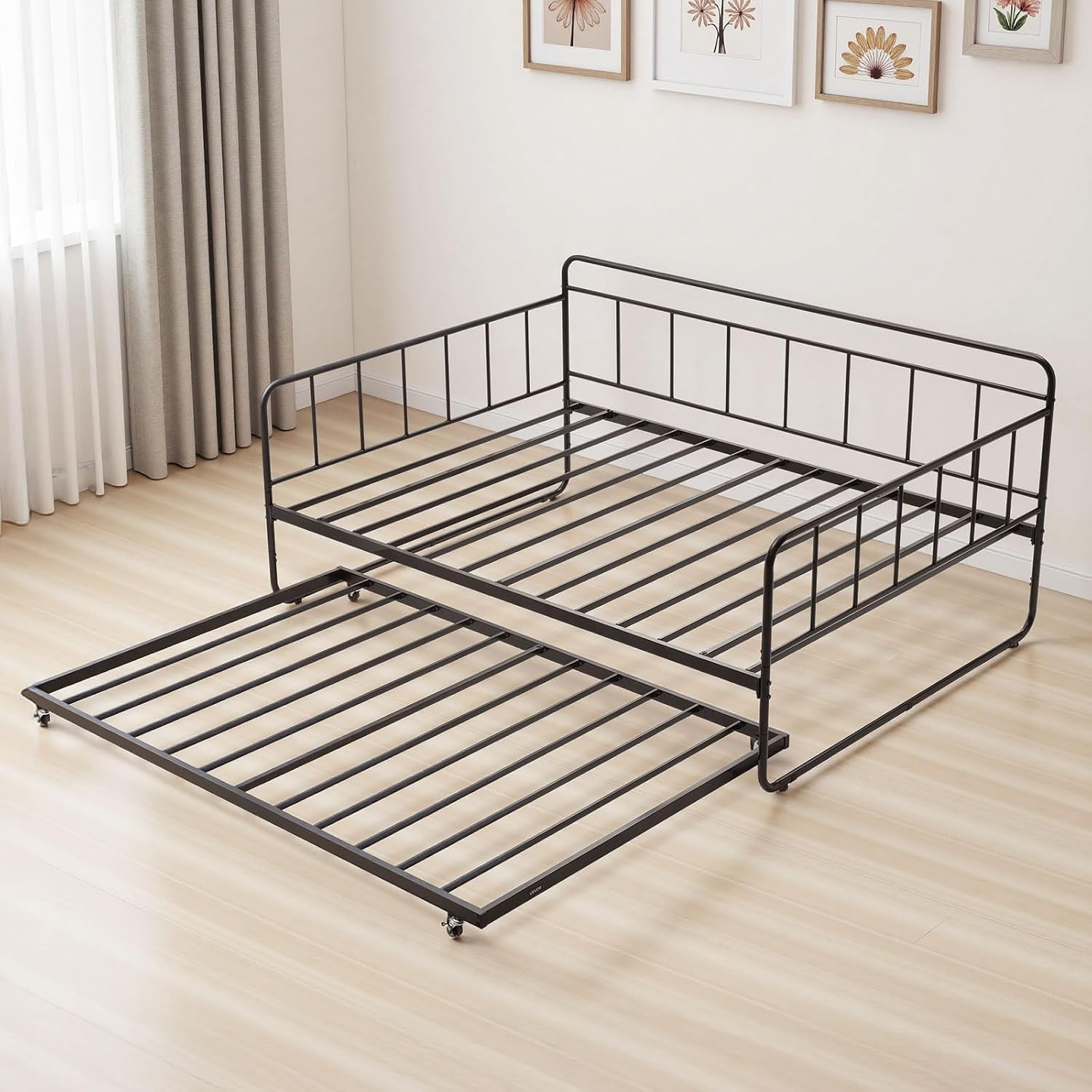 VEVOR Full Size Daybed Frame, Day Bed with Trundle, Heavy Duty Metal Platform Bed Frame, Full Daybed with Metal Slats Support for Living Room, Bedroom, Guest Room, Easy Assembly, Black