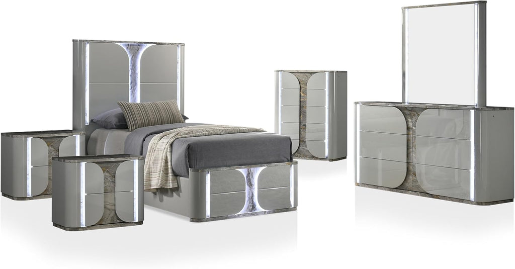 Furniture of America Bruna Modern Wood 6-Piece Bedroom Set with Touch-Control LED Bed, Felt-Lined Top Drawer on Nightstands, Chest and Dresser with Mirror, No Box Spring Needed, Twin, Light Gray