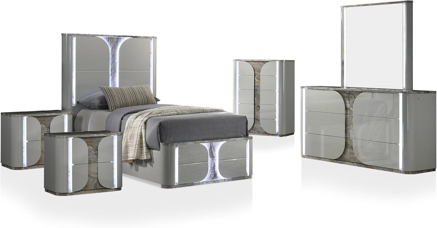 Furniture of America Bruna Modern Wood 6-Piece Bedroom Set with Touch-Control LED Bed, Felt-Lined Top Drawer on Nightstands, Chest and Dresser with Mirror, No Box Spring Needed, Twin, Light Gray