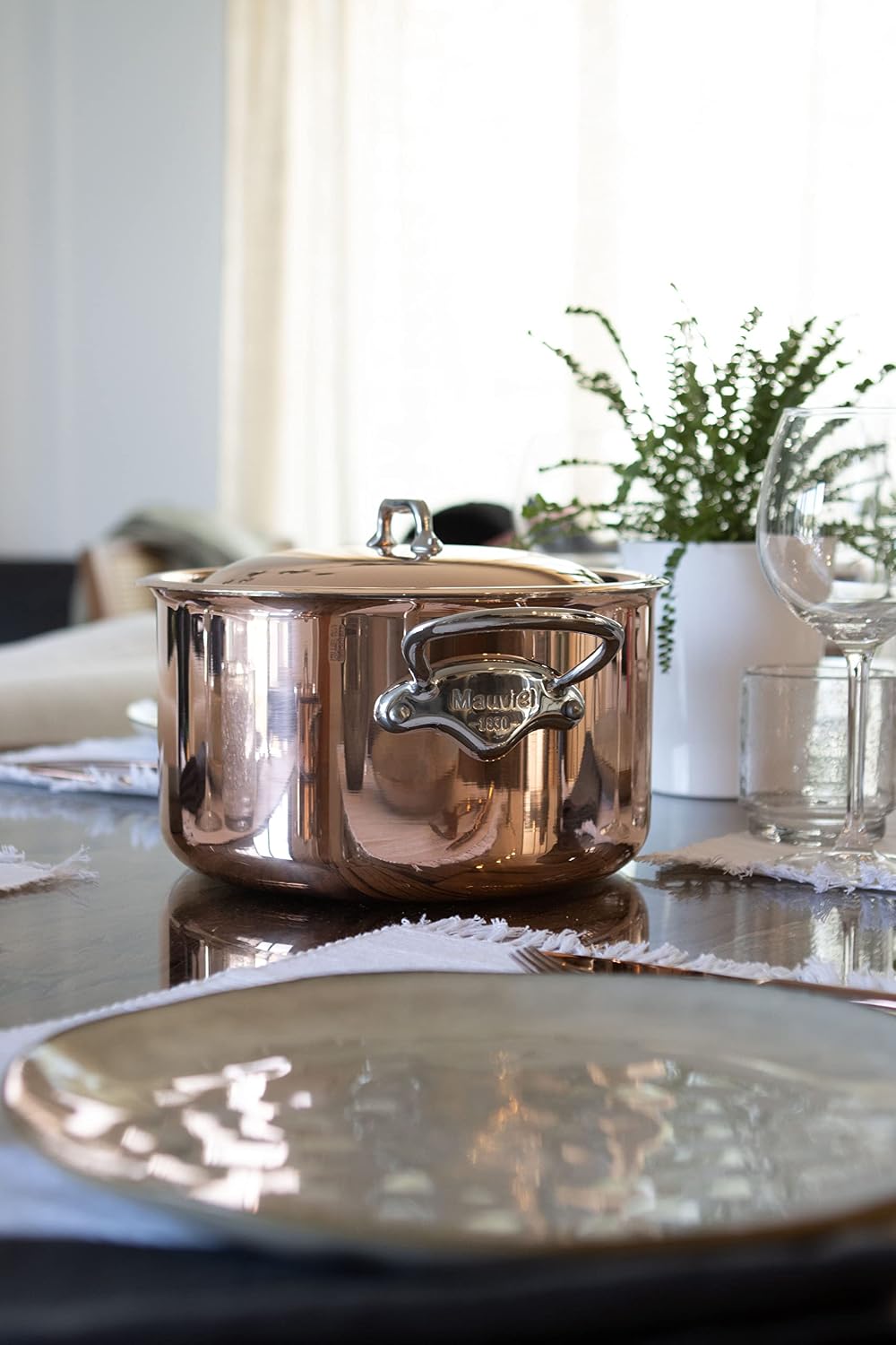 Mauviel M'6S 6-Ply Polished Copper & Stainless Steel Rondeau/Braiser Pan With Lid, And Cast Stainless Steel Handles, 3.2-qt, Made in France