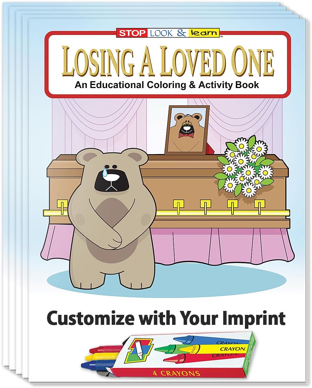 ZOCO – Losing a Loved One – Custom Educational Coloring and Activity Books (250 Bulk Pack, with Crayons) – Funeral Home, Church Handouts for Kids – Add Your Imprint