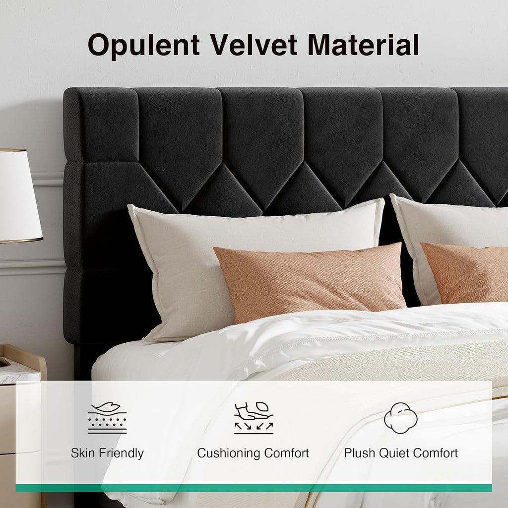 Novilla Full Size Bed Frame, Full Bed Frame with Headboard, Velvet Upholstered Pull-Point Headboard, No Box Spring Needed, Heavy Duty Feet, Easy Assembly, Black Velvet