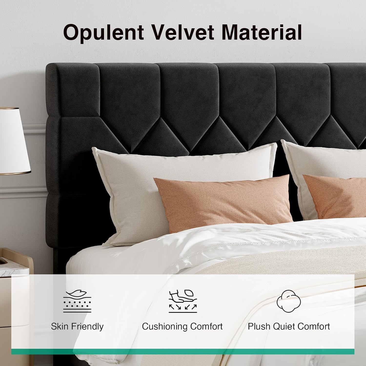 Novilla Full Size Bed Frame, Full Bed Frame with Headboard, Velvet Upholstered Pull-Point Headboard, No Box Spring Needed, Heavy Duty Feet, Easy Assembly, Black Velvet