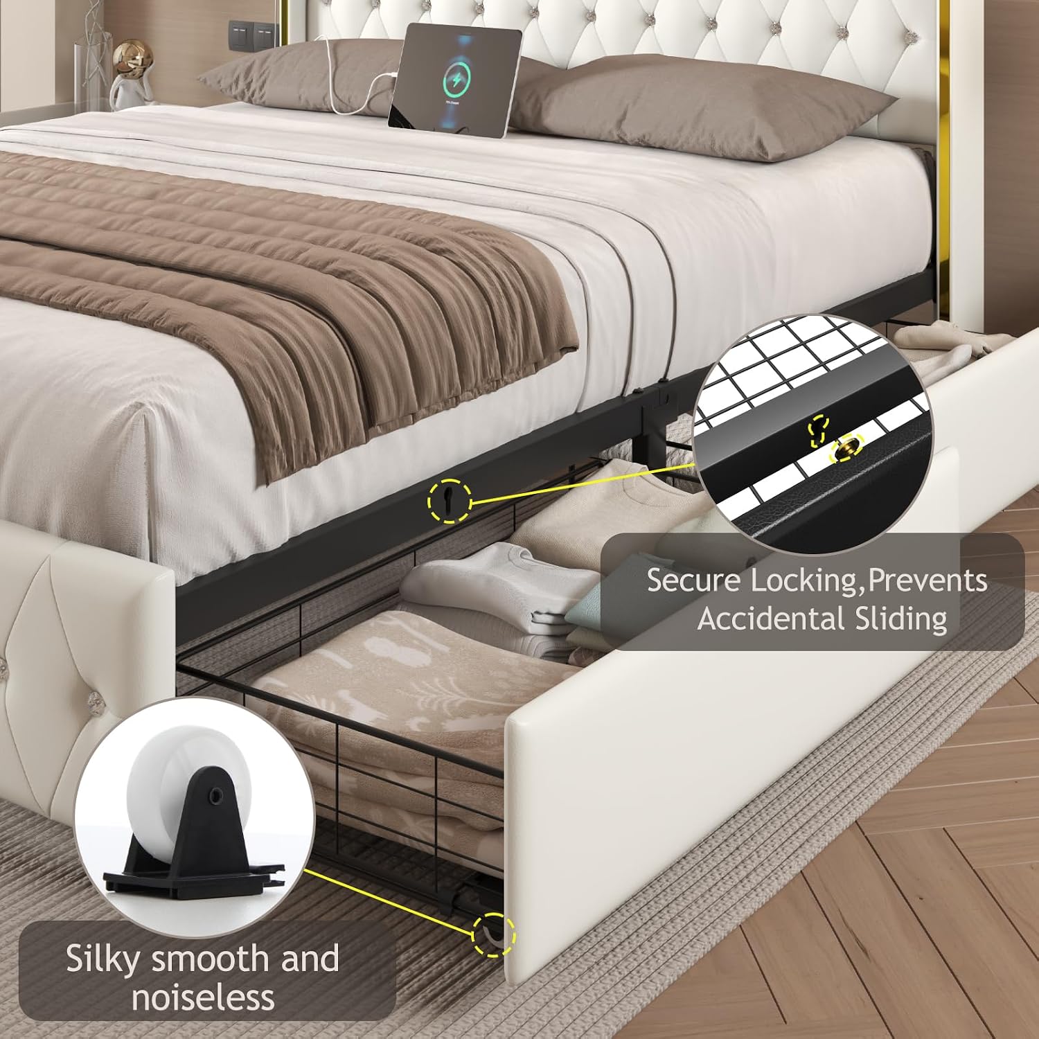 E-Motie Full Size Bed Frame with Wingback Headboard, Upholstered Platform Bed with RGB LED Lights, Charging Station, 4 Storage Drawers & Metal Slat Support, No Box Spring Needed, White