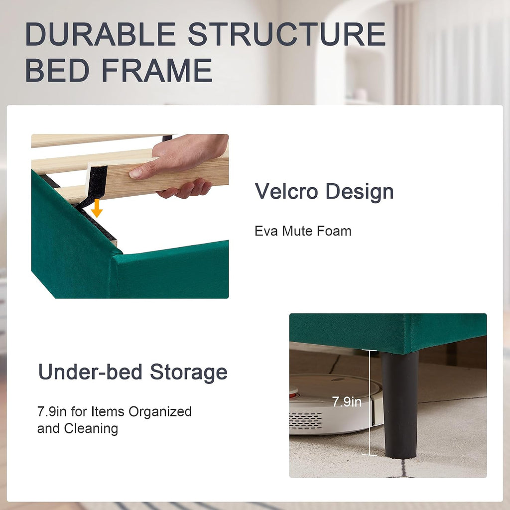 VECELO Queen Bed Frame, Platform Bed Frame with Adjustable Height Upholstered Headboard, Heavy-Duty Frames and Strong Wooden Slats Support, Non-Slip and Noise-Free, Easy Assembly, Dark Green