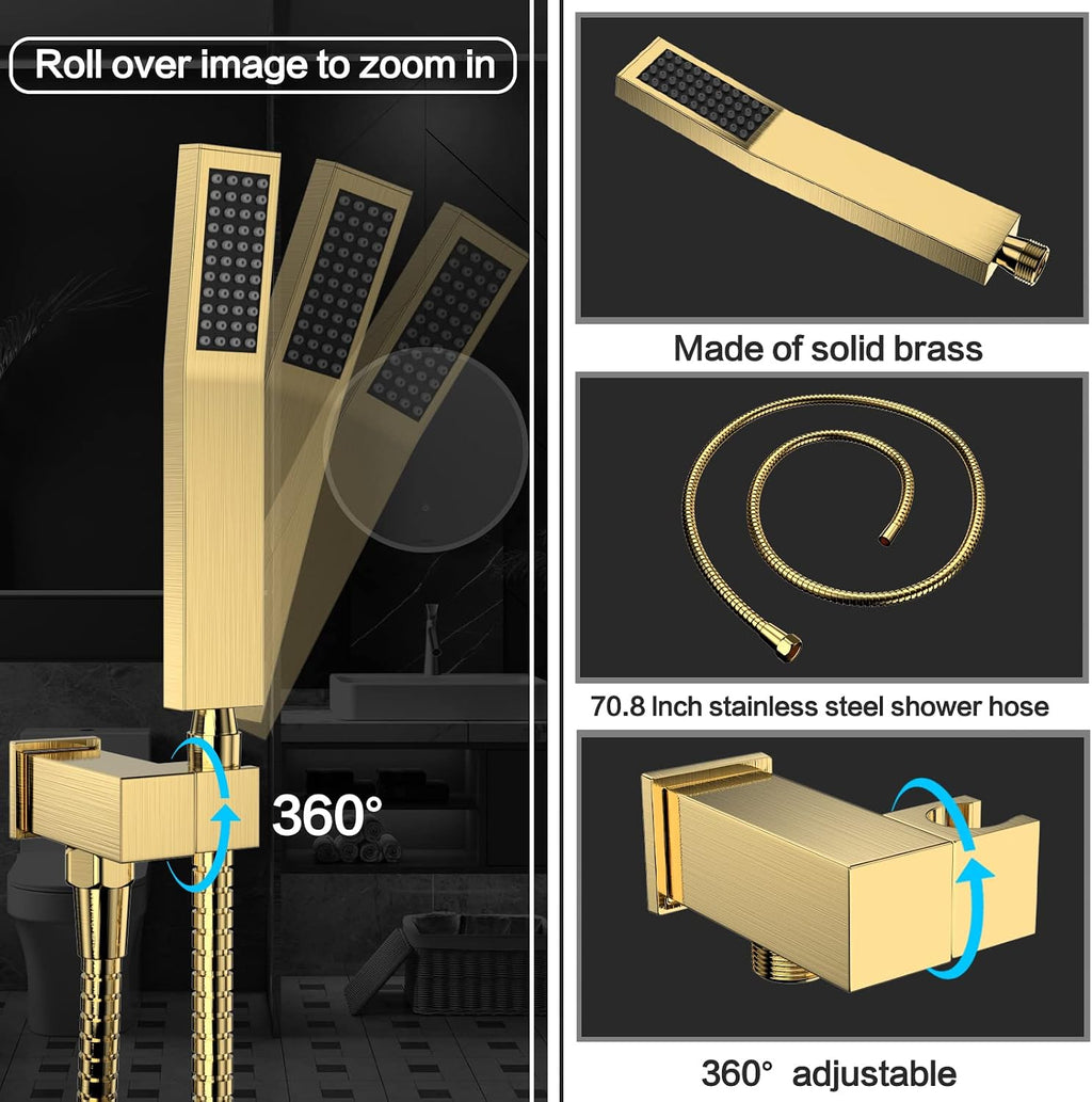 Rain Shower System 12 inch Shower Faucet Set with Tub Spout,Bathroom Wall Mounted Waterfall Shower Head Bath tub Faucet Sets Complete with Handheld Spray,Included Valve Body and Trim kit,Brushed Gold