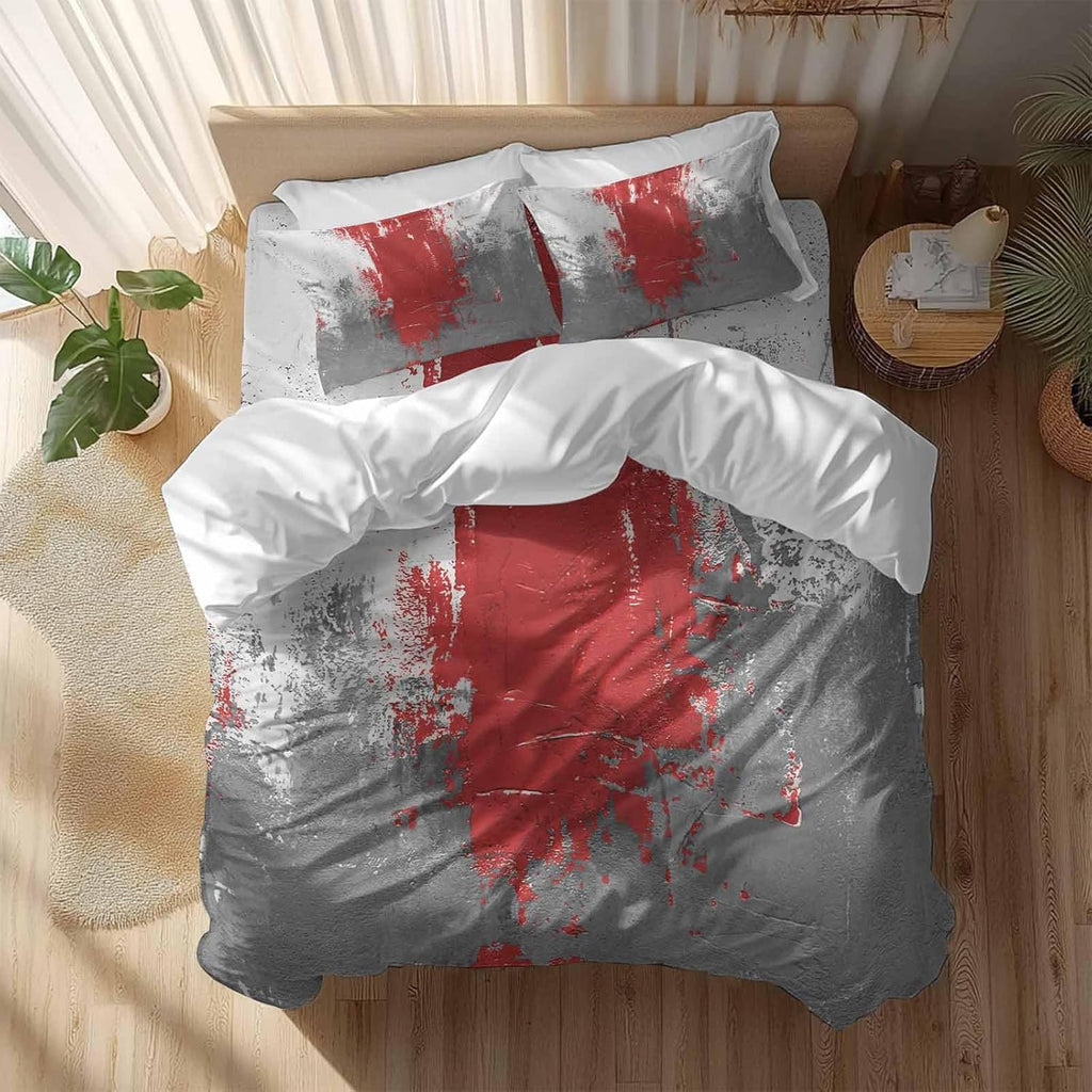 Abstract Art Duvet Cover Set Queen Size 4 Pieces Red Grey Wall Mottled Texture Minimalist Modern Bedding Set with Zipper Closure, 1 Comforter Cover 92x106 Inches 1 Flat Sheet & 2 Pillow Cases