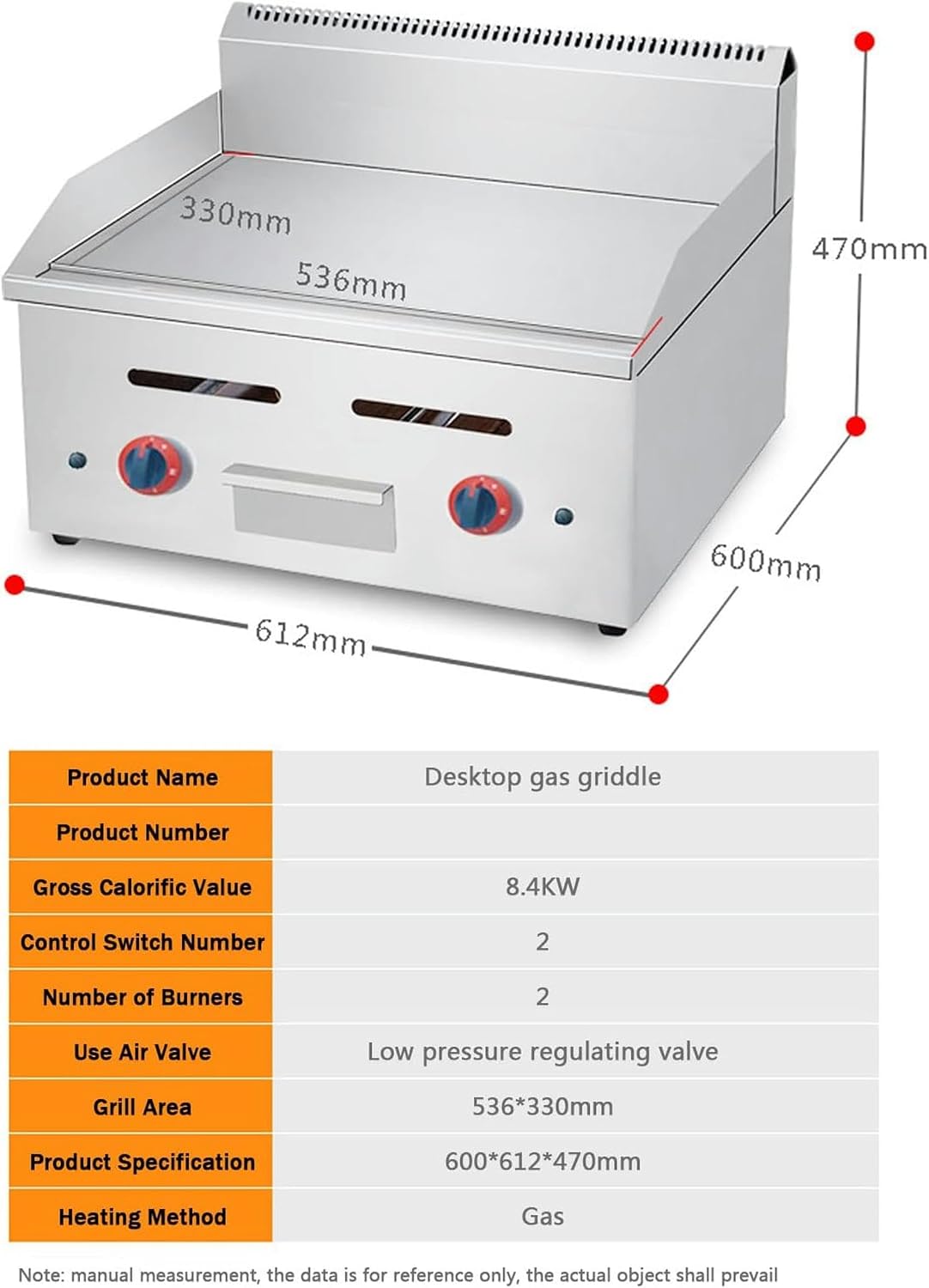 Restaurant Gas Griddle 2 Burner Heavy Duty Manual Flat Top | Stainless Steel Portable Grill Propane Gas Countertop for BBQ Home Kitchen