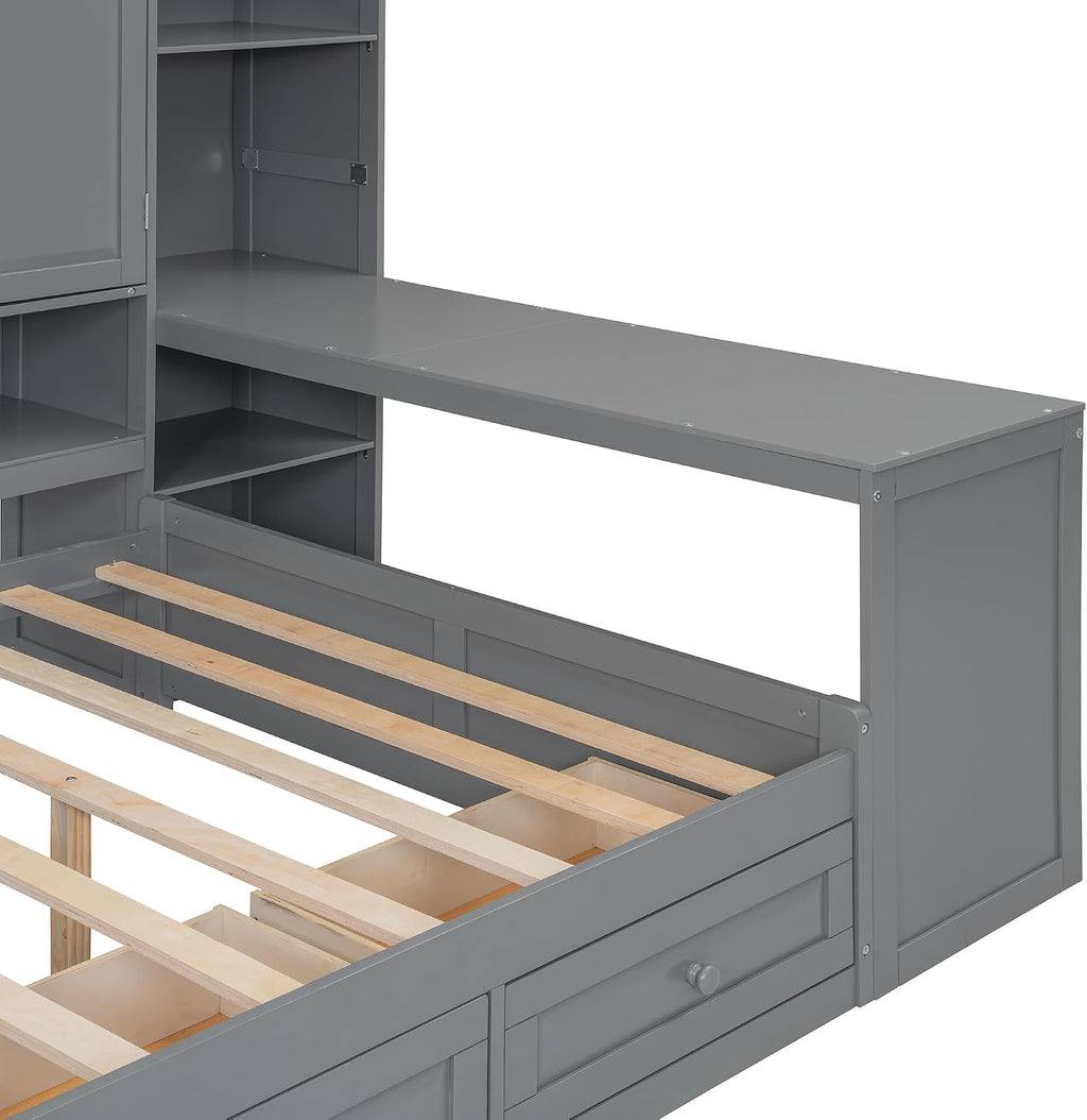 KLMM Full Size Wooden Daybed with Three Drawers and All-in-One Cabinet,Desk and Shelves,for Living Room Bedroom Use (Gray#Shelves, Full)