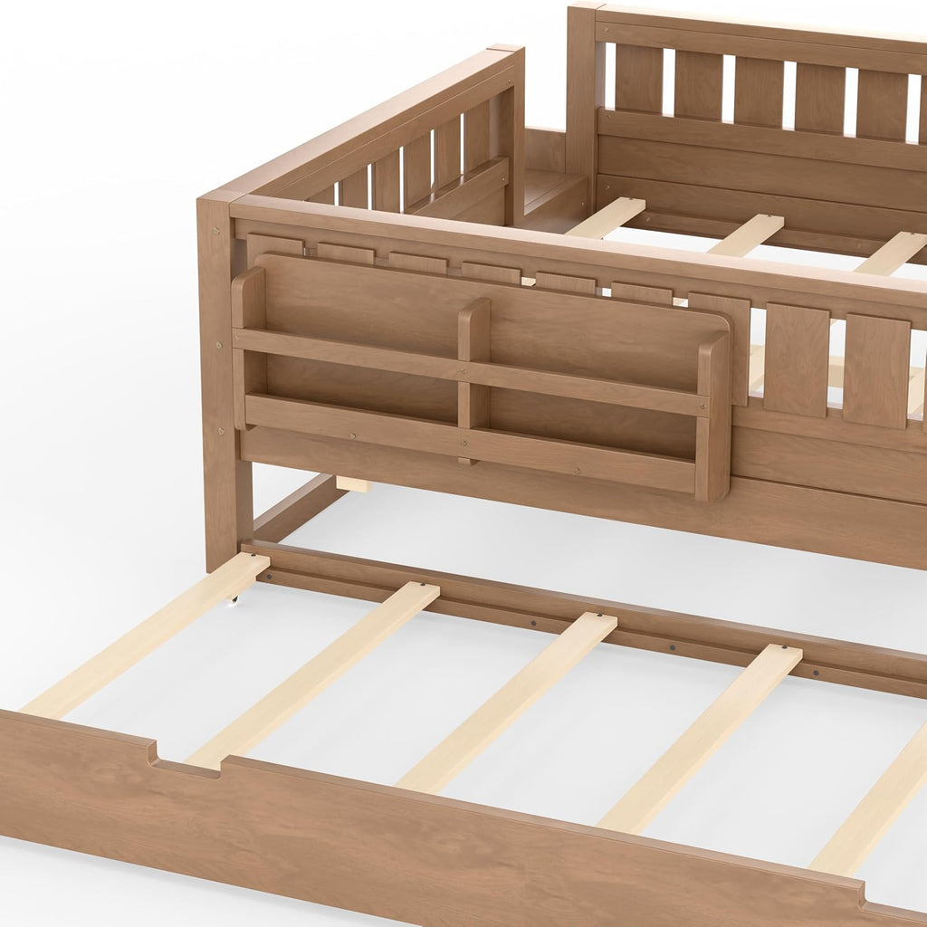 Bellemave Queen Bed with Trundle and Stairs, Queen Size Platform Bed Frame with Fence and Bookshelf, Easy Assemble Beds for Kids, Girls, Boys, Natural