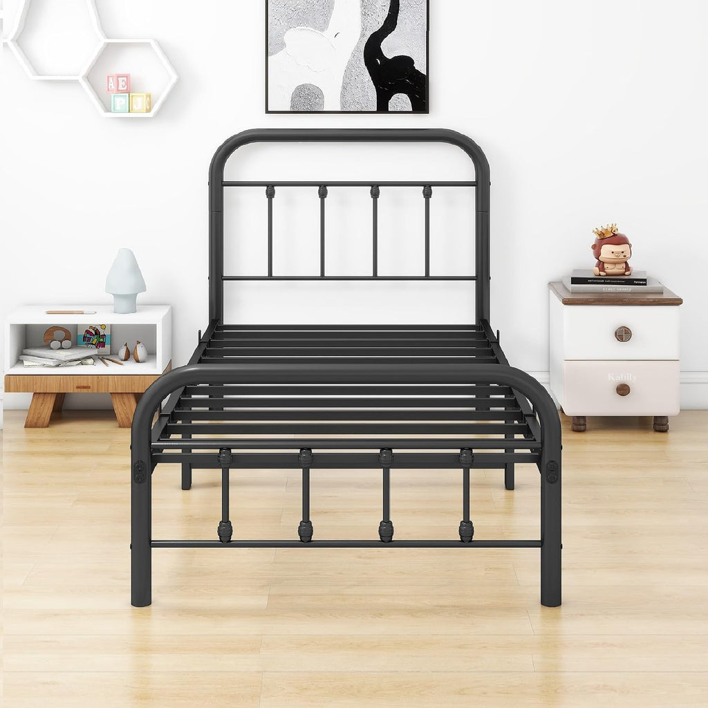 DUMEE Metal Twin Bed Frames with Vintage Headboard and Footboard Sturdy Premium Steel Slat Support No Box Spring Needed, Textured Black