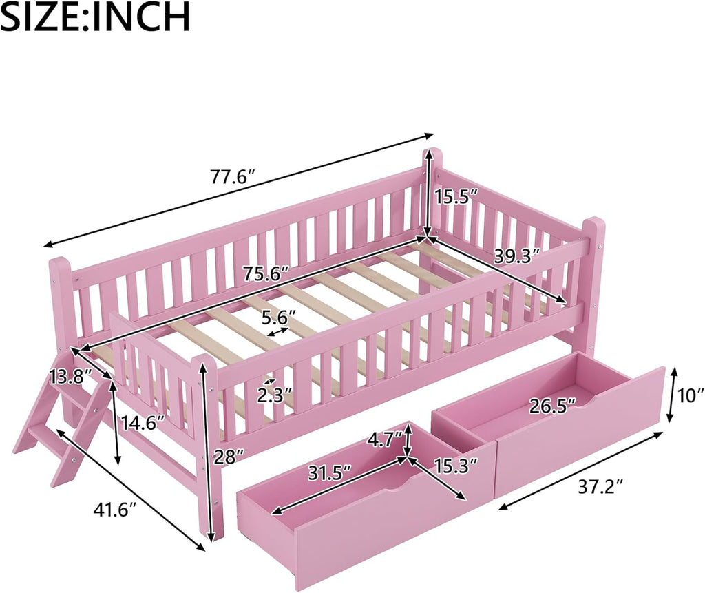 VilroCaz Twin Size Platform Bed with Guardrail and 2 Drawers, Wood Kids Platform Bed Frame with Two-Step Ladder for Boys Girls, Sturdy Slats Support (Pink-1.26)