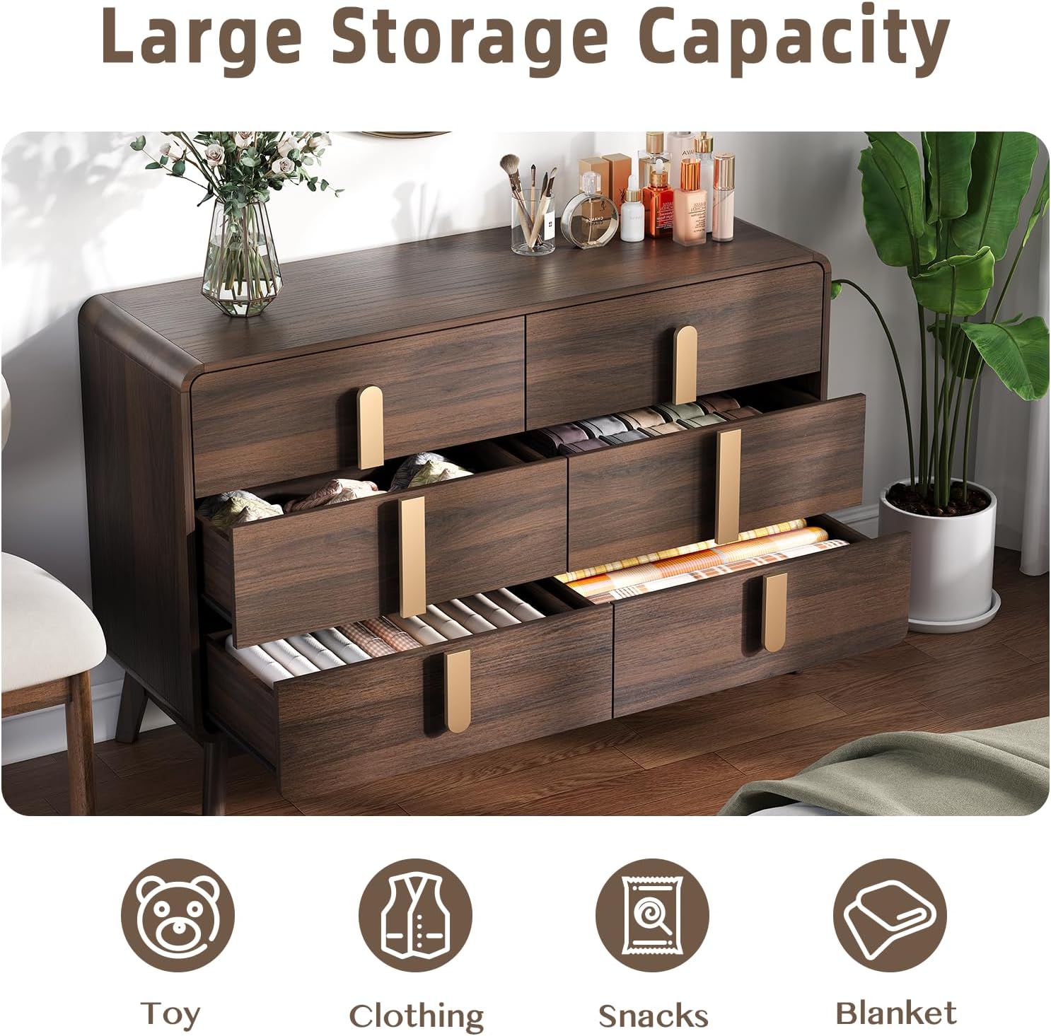 JOINICE Dresser for Bedroom with 6 Drawers,Mid Century Modern Dresser with Storage,47' Wide Chest of Drawers with Metal Handles,Large Wood Drawer Organizer for Bedroom,Living Room,Hallway,Walnut