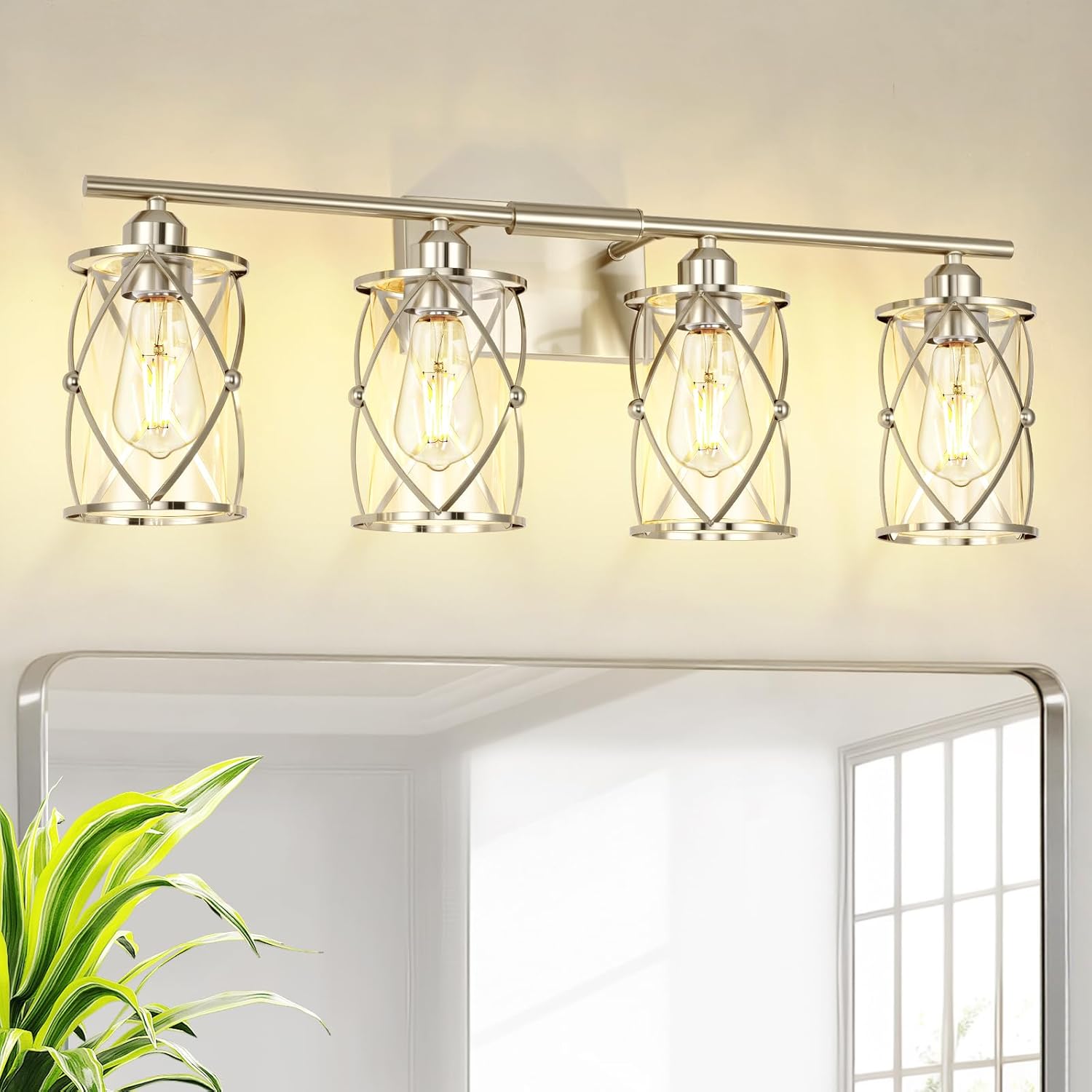 4-Light Brushed Nickel Bathroom Light Fixtures, 29 Inch Modern Bathroom Vanity Lighting Fixtures Over Mirror with Clear Glass and Metal Cage Wall Sconce Lights for Bath, E26, CH9176BN-4W
