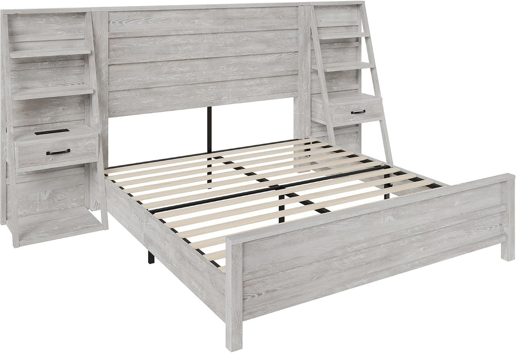 AMERLIFE Full Bed Frame with Wide Headboard and 4-Tier Bookshelves, Farmhouse Platform Bed with Charging Station & 2 Drawers, Noise-Free, No Box Spring Needed, Rustic White
