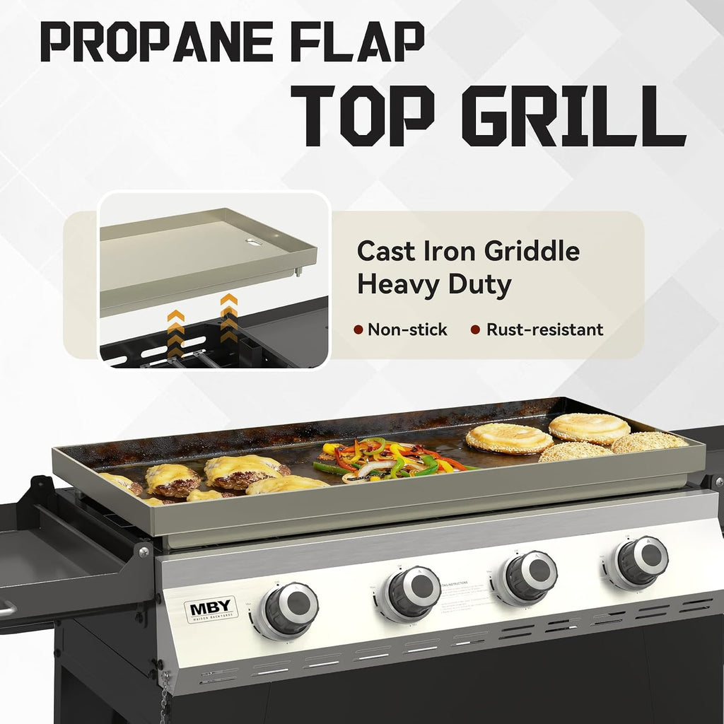 4 Burner Propane Grill with Rainproof Cover 32inch Outdoor Flat Top Griddle Foldable Side Table for Backyards Barbecue